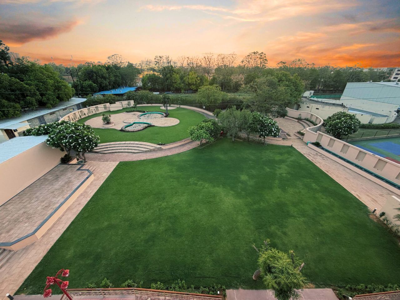 Aerial dusk view of Vankamal garden and lawn for corporate outdoor events, Jaipur