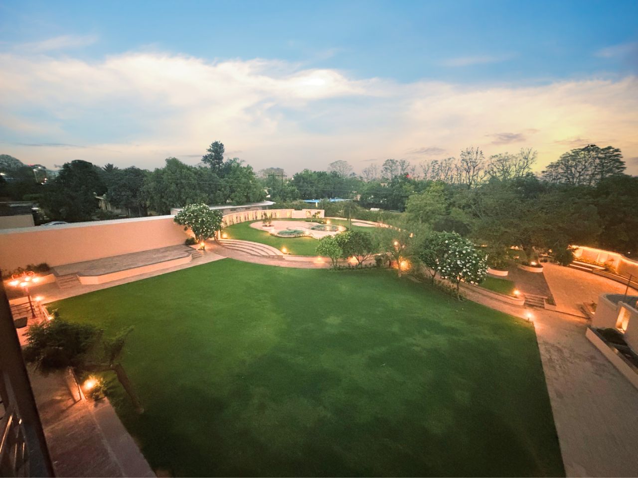 Aerial view of Vankamal wedding garden lawn in the evening, Jaipur
