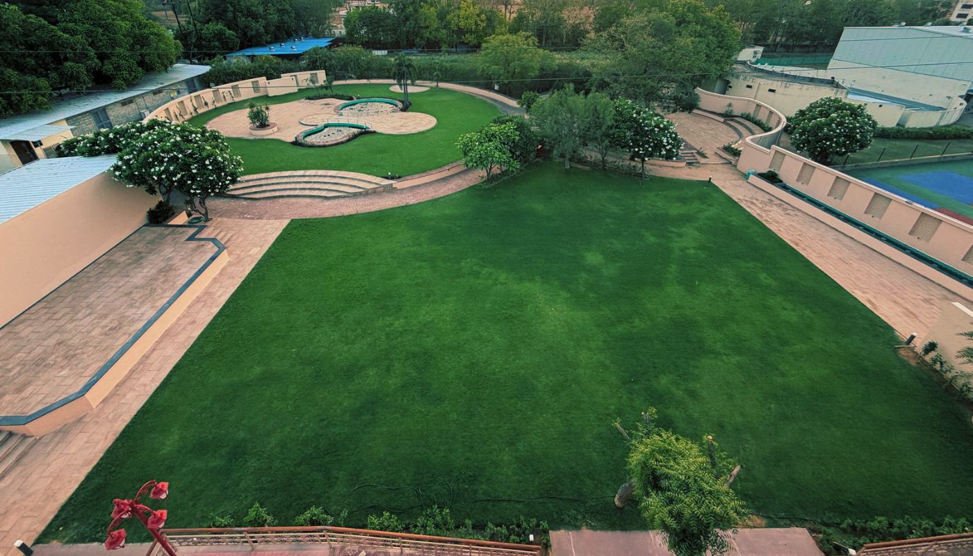 Aerial view of Vankamal wedding lawn and garden on Kalwar Road, Jaipur
